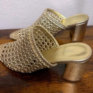 MARC FISHER Gold Woven Mesh Mule Heels Sz 7.5 Pointed Pumps Chunky Block Heel